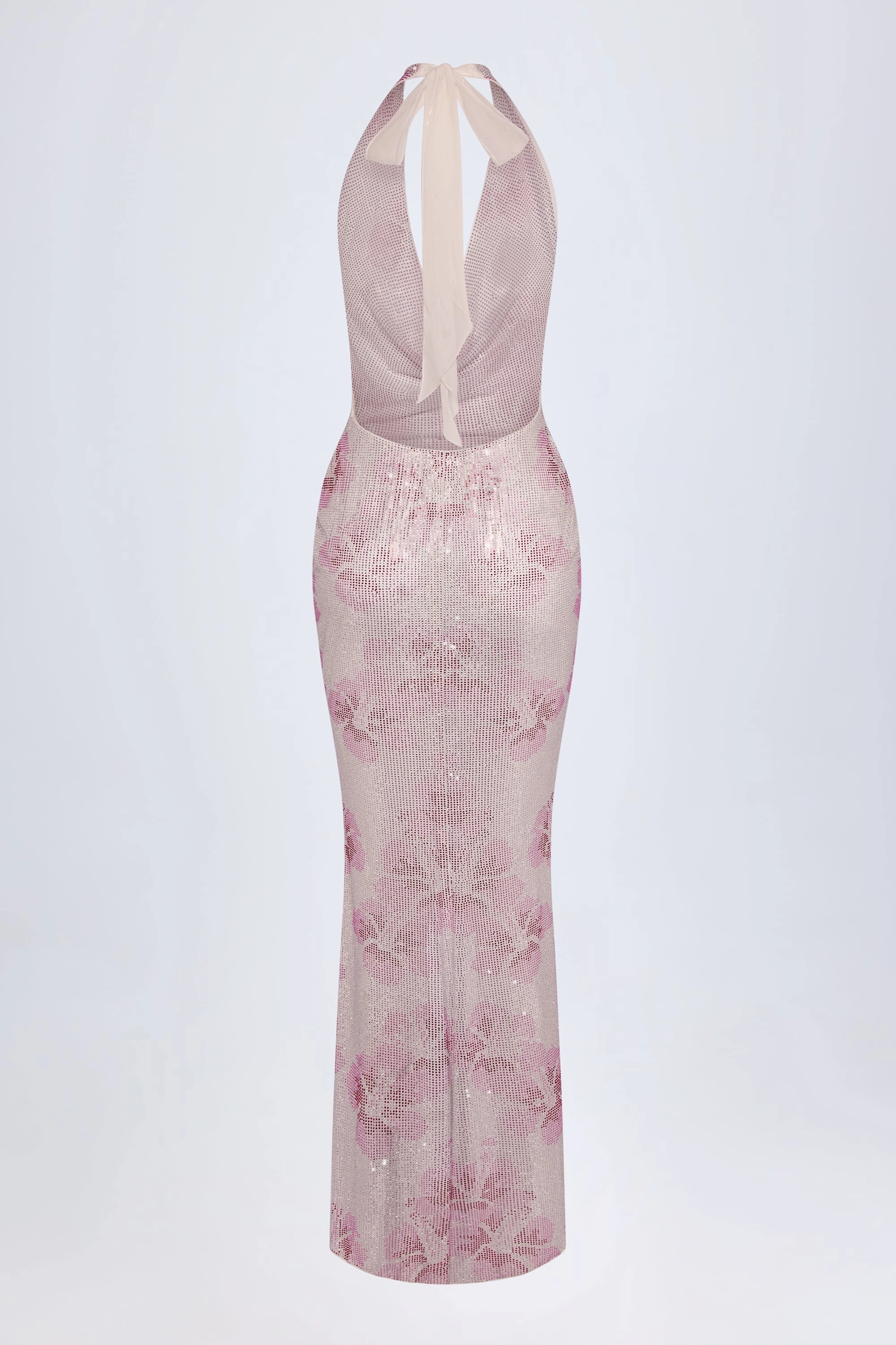 Embellished Cowl-Neck Maxi Dress in Pink and White Hotfix