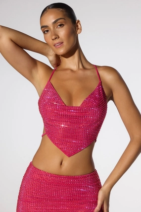 Embellished Cowl Neck Open Back Crop Top in Hot Pink Tops - tops on sale