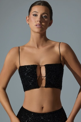 Embellished Cut-Out Crop Top in Black Tops - tops on sale