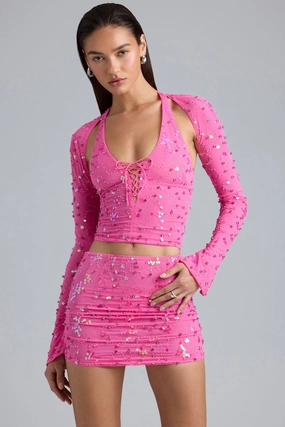 Embellished Cut-Out Halterneck Top in Bubblegum Pink Tops - basic tees cheap