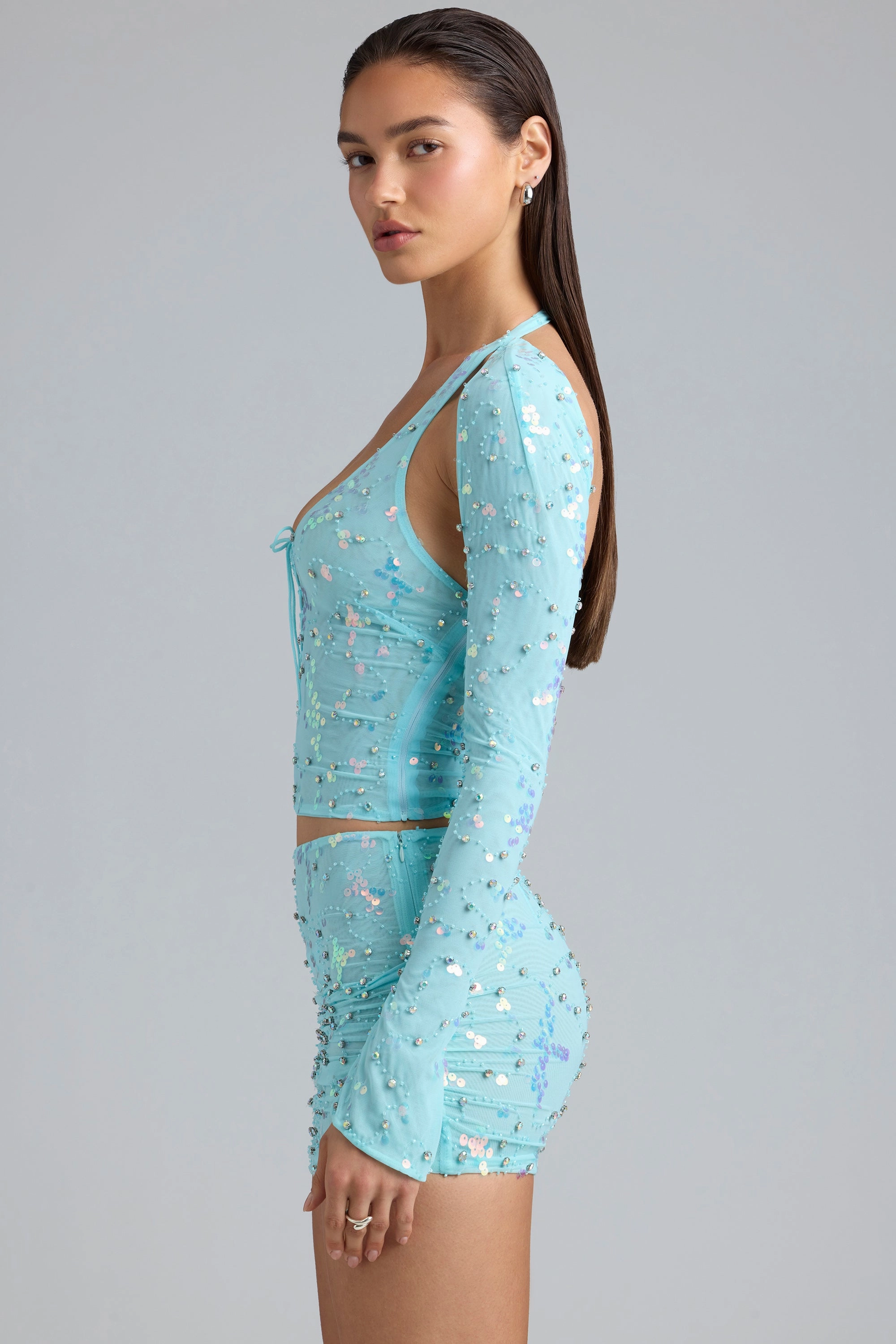 Embellished Cut-Out Halterneck Top in Ice Blue