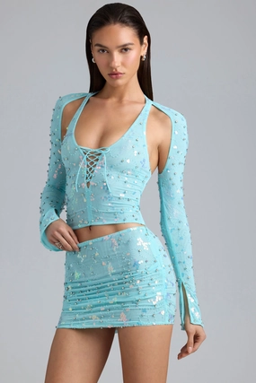Embellished Cut-Out Halterneck Top in Ice Blue Tops - basic tees cheap