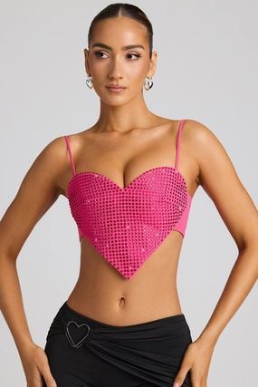 Embellished Heart Detail Crop Top in Magenta Tops - tops on sale