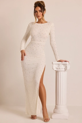 Embellished Long Sleeve Backless Maxi Dress in White Tops - basic tees cheap