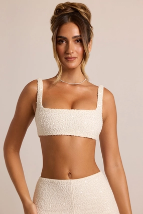 Embellished Square Neck Bralette in White Tops - tops on sale