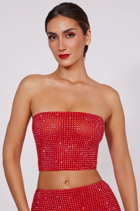 Embellished Strapless Crop Top in Fire Red Tops - tops on sale