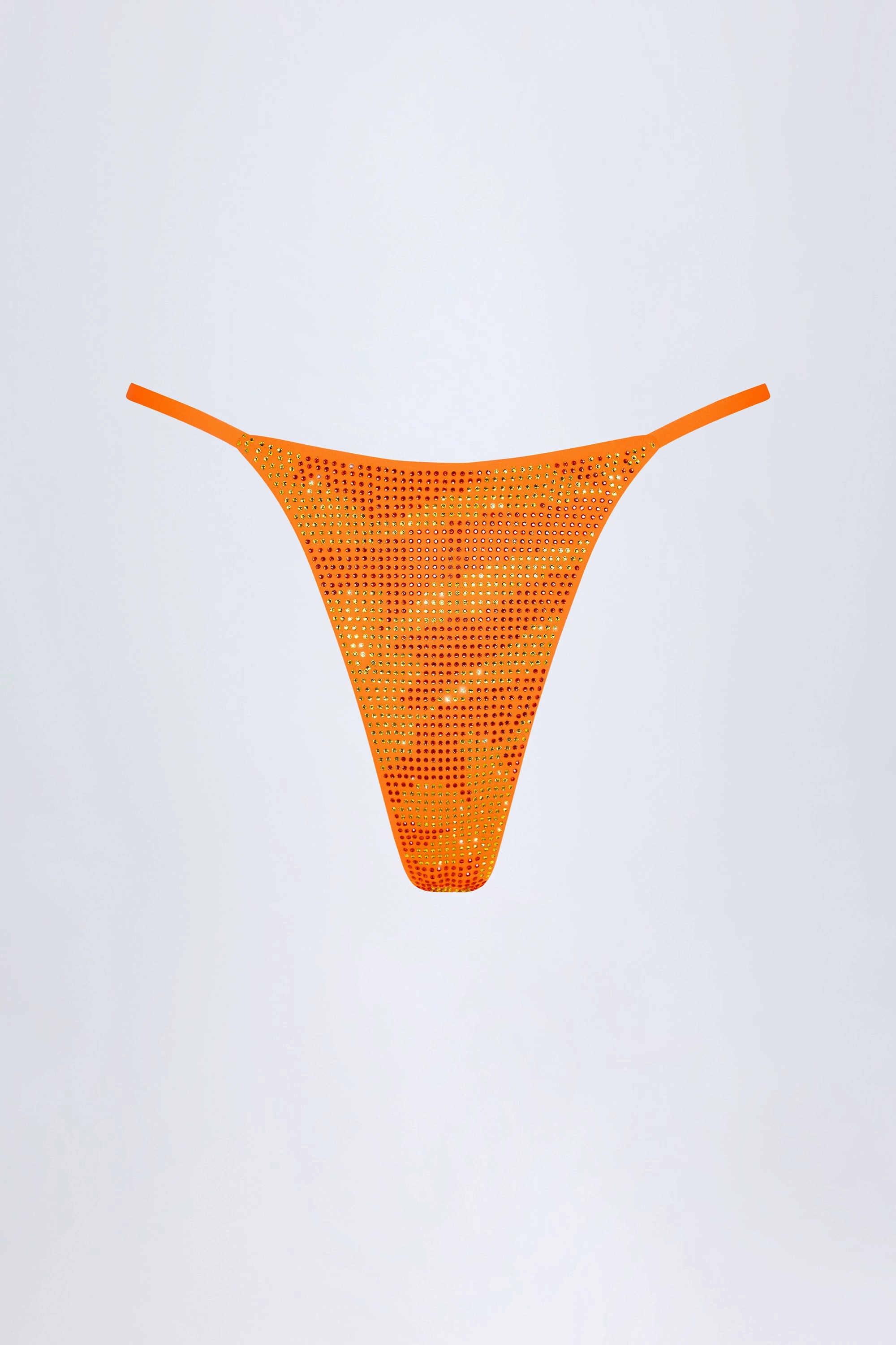 Embellished Thong Bikini Bottoms in Orange Tropical Hotfix