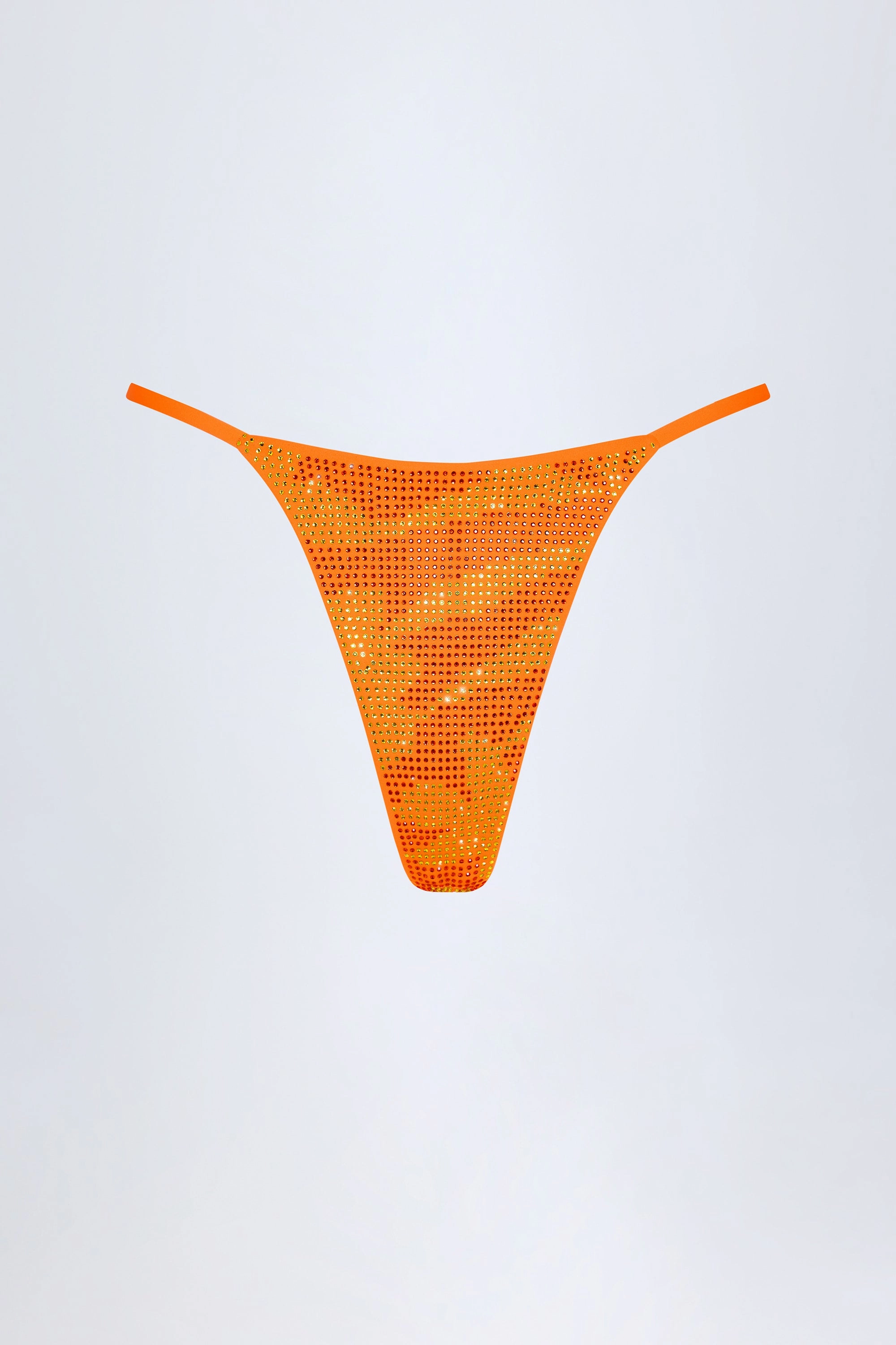 Embellished Thong Bikini Bottoms in Orange Tropical Hotfix