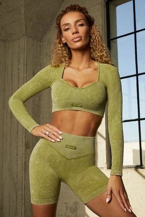 Endeavour Seamless Half Sleeve Curved Neckline Crop Top in Olive Tops - tops on sale