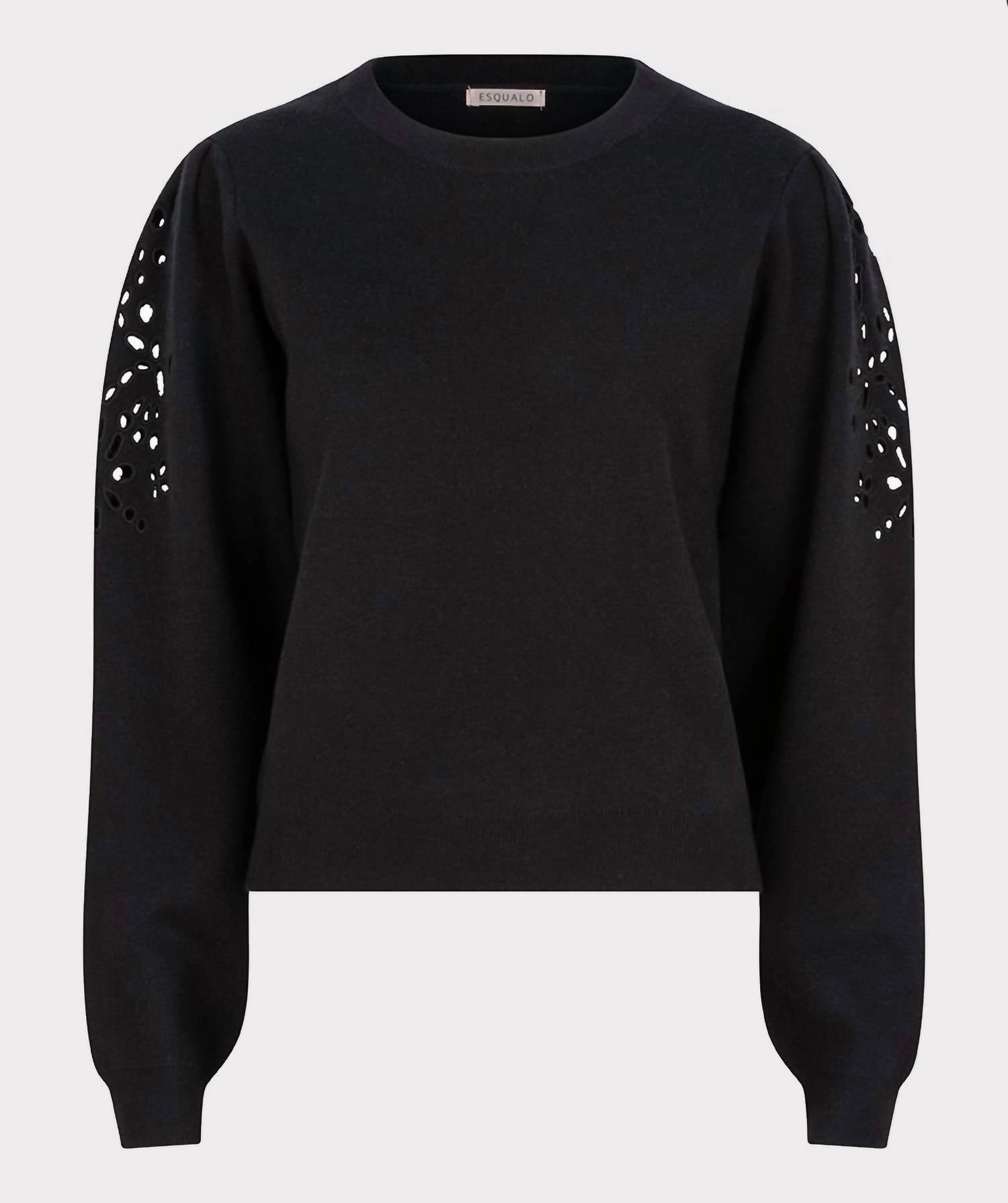 Eyelet Puff-Sleeve Sweater In Black
