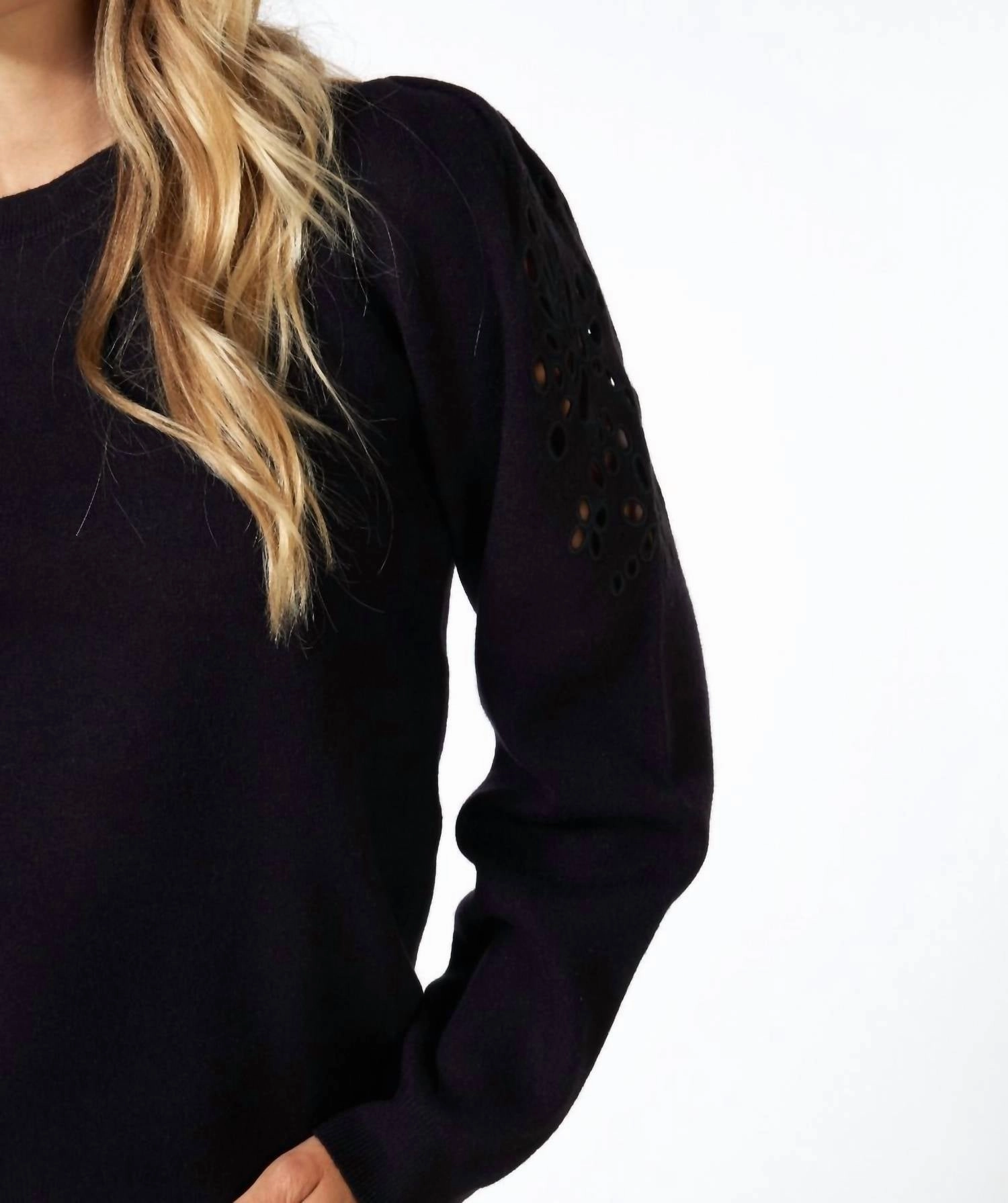 Eyelet Puff-Sleeve Sweater In Black