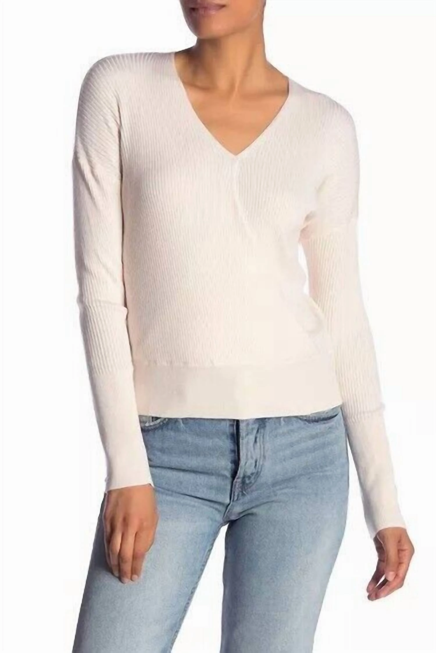Faux Wrap Ribbed Knit Surplice V Neck Sweater In Ivory Tops Womens - embroidered tops sale