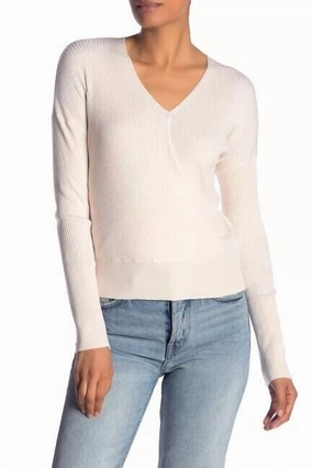 Faux Wrap Ribbed Knit Surplice V Neck Sweater In Ivory Tops Womens - embroidered tops sale