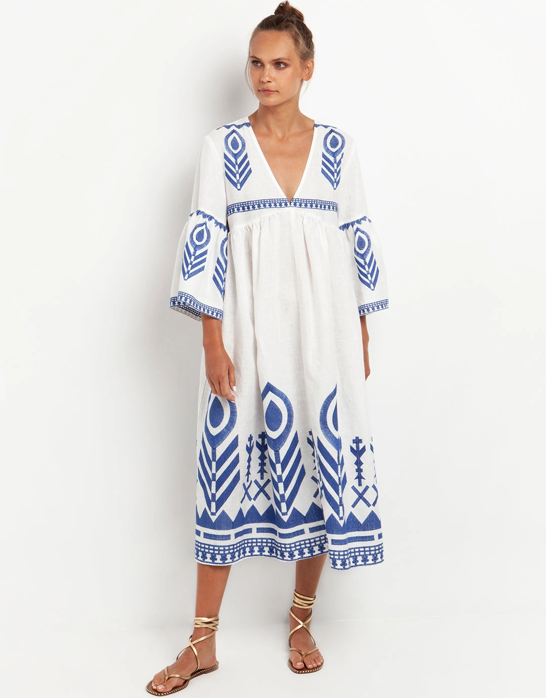Feather Bell Sleeve Kaftan - White and Blue Swim Womens - bikinis clearance