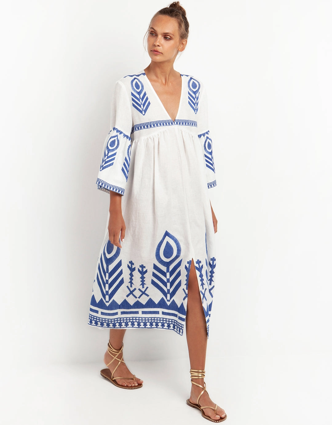 Feather Bell Sleeve Kaftan - White and Blue