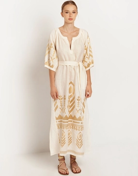 Feather Maxi Kaftan - Natural and Gold Swim Womens - bikinis clearance