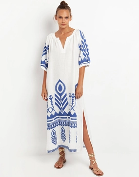 Feather Maxi Kaftan - White and Blue Swim Womens - bikinis clearance
