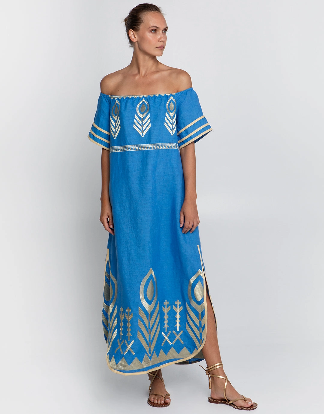 Feather Off The Shoulder Dress - Blue Raf and Gold Swim Womens - bikinis clearance