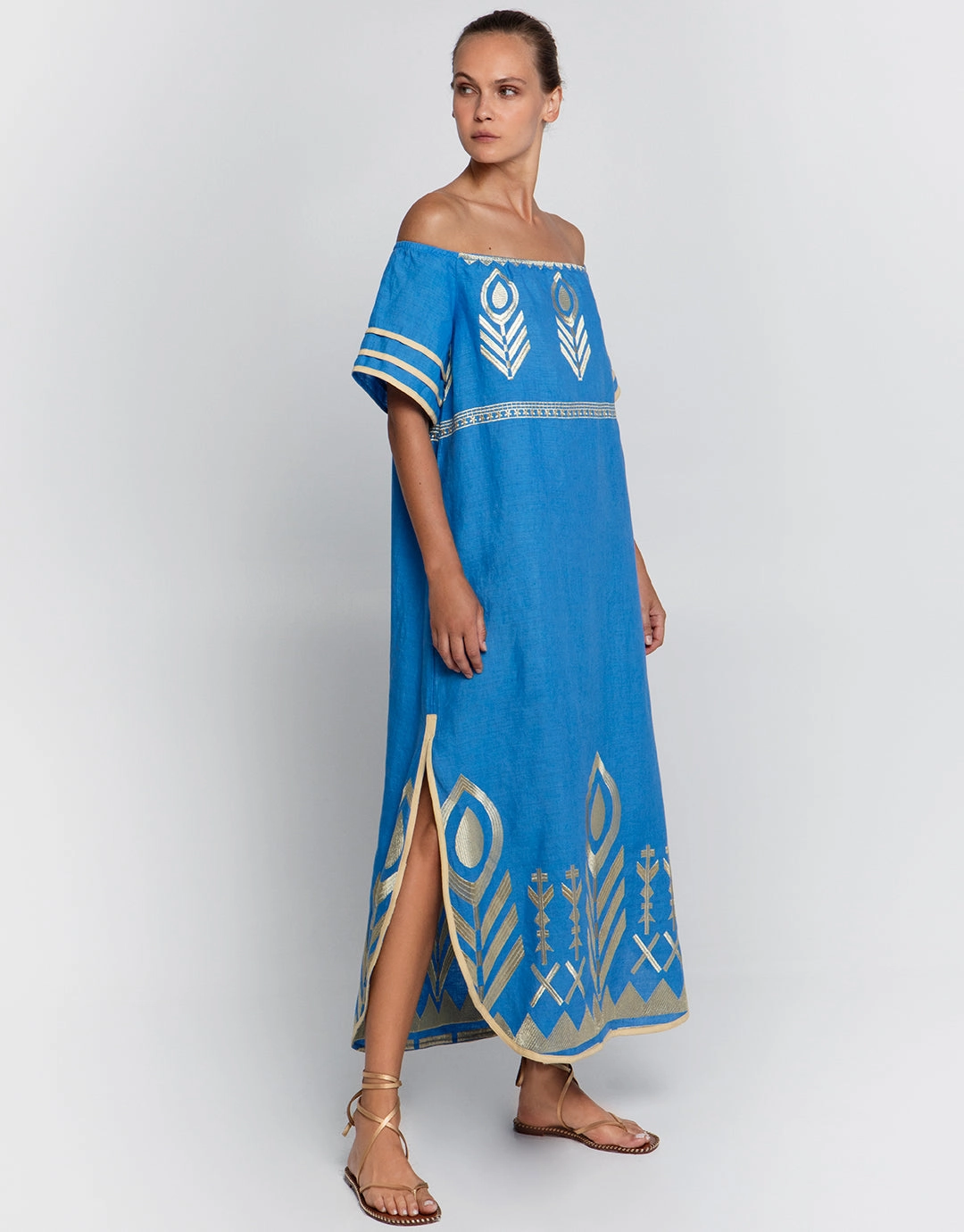Feather Off The Shoulder Dress - Blue Raf and Gold
