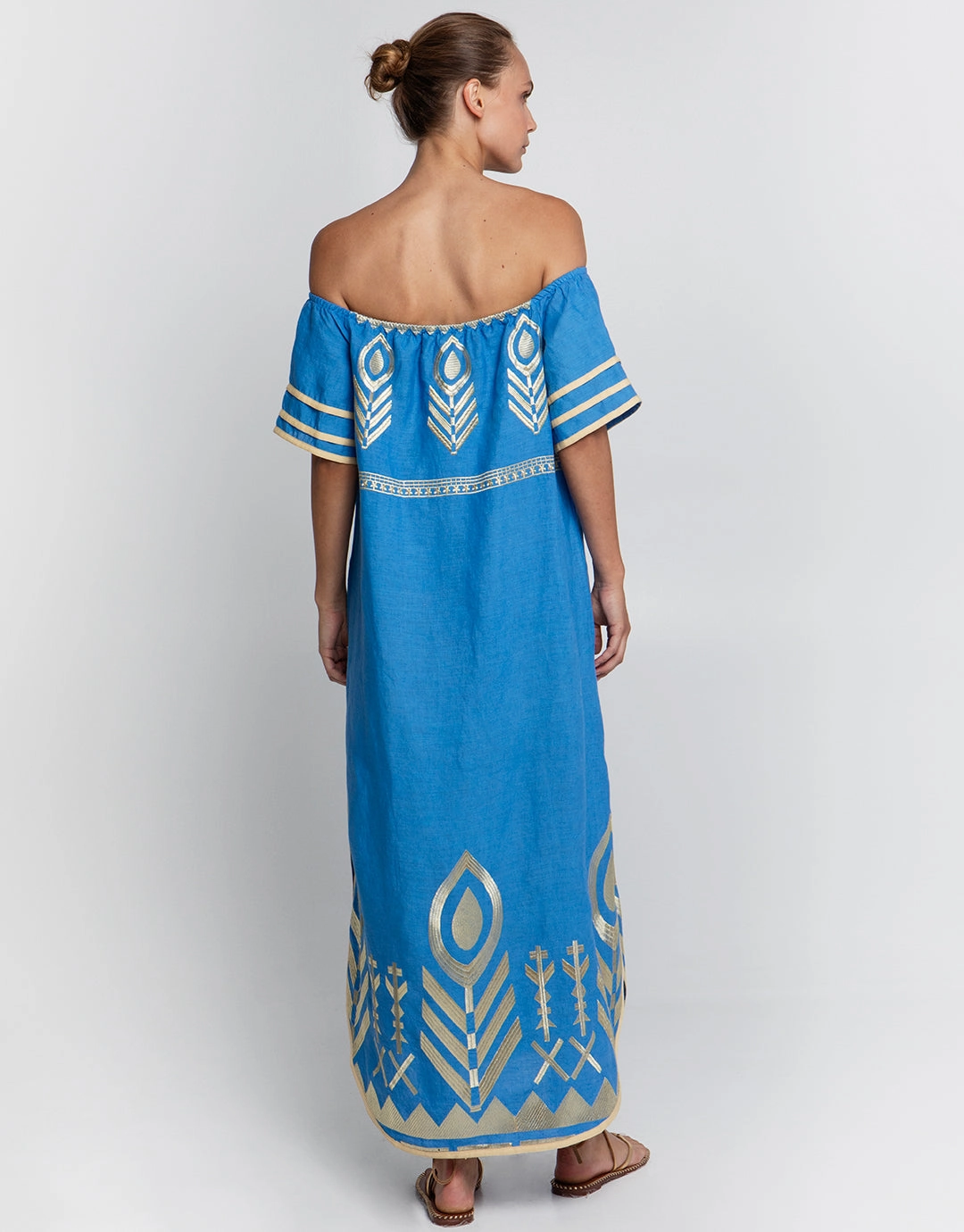 Feather Off The Shoulder Dress - Blue Raf and Gold