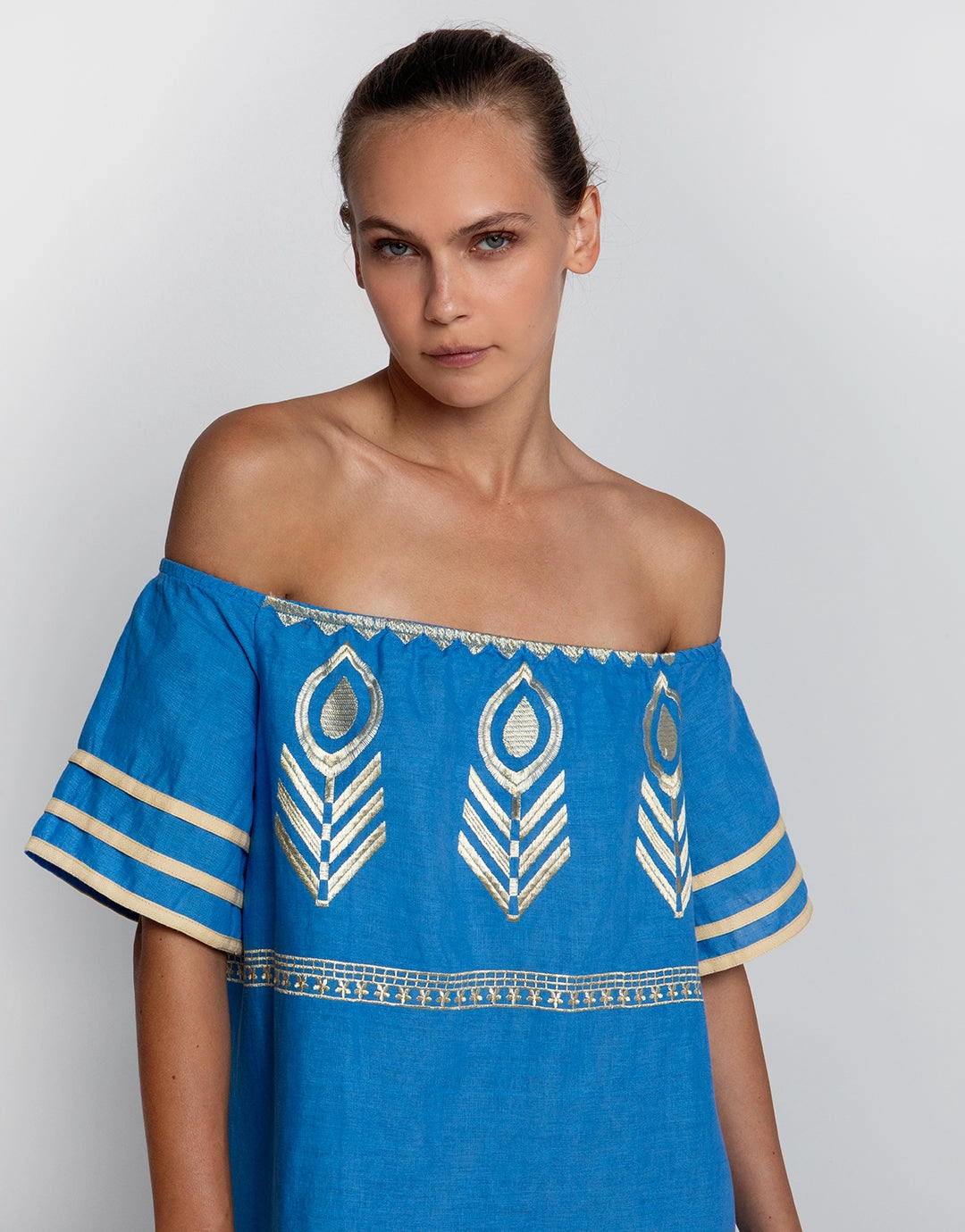 Feather Off The Shoulder Dress - Blue Raf and Gold