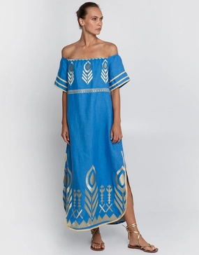 Feather Off The Shoulder Dress - Blue Raf and Gold Swim Womens - bikinis clearance