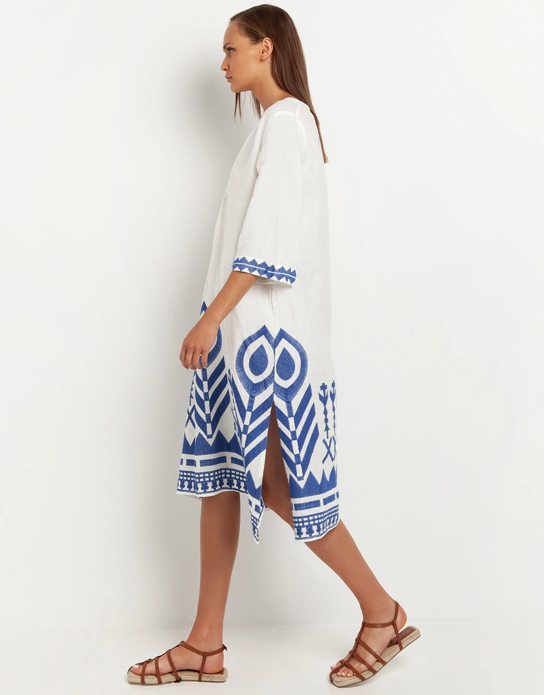 Feather V Neck Midi Kaftan - White and Blue