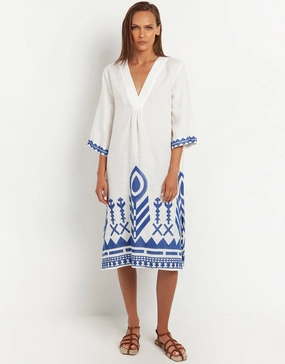 Feather V Neck Midi Kaftan - White and Blue Swim Womens - bikinis clearance