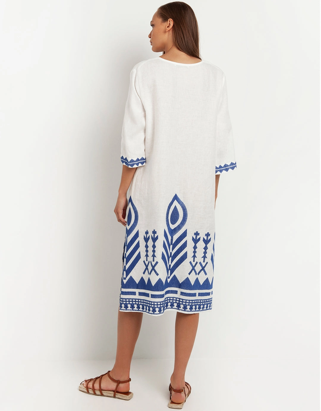 Feather V Neck Midi Kaftan - White and Blue