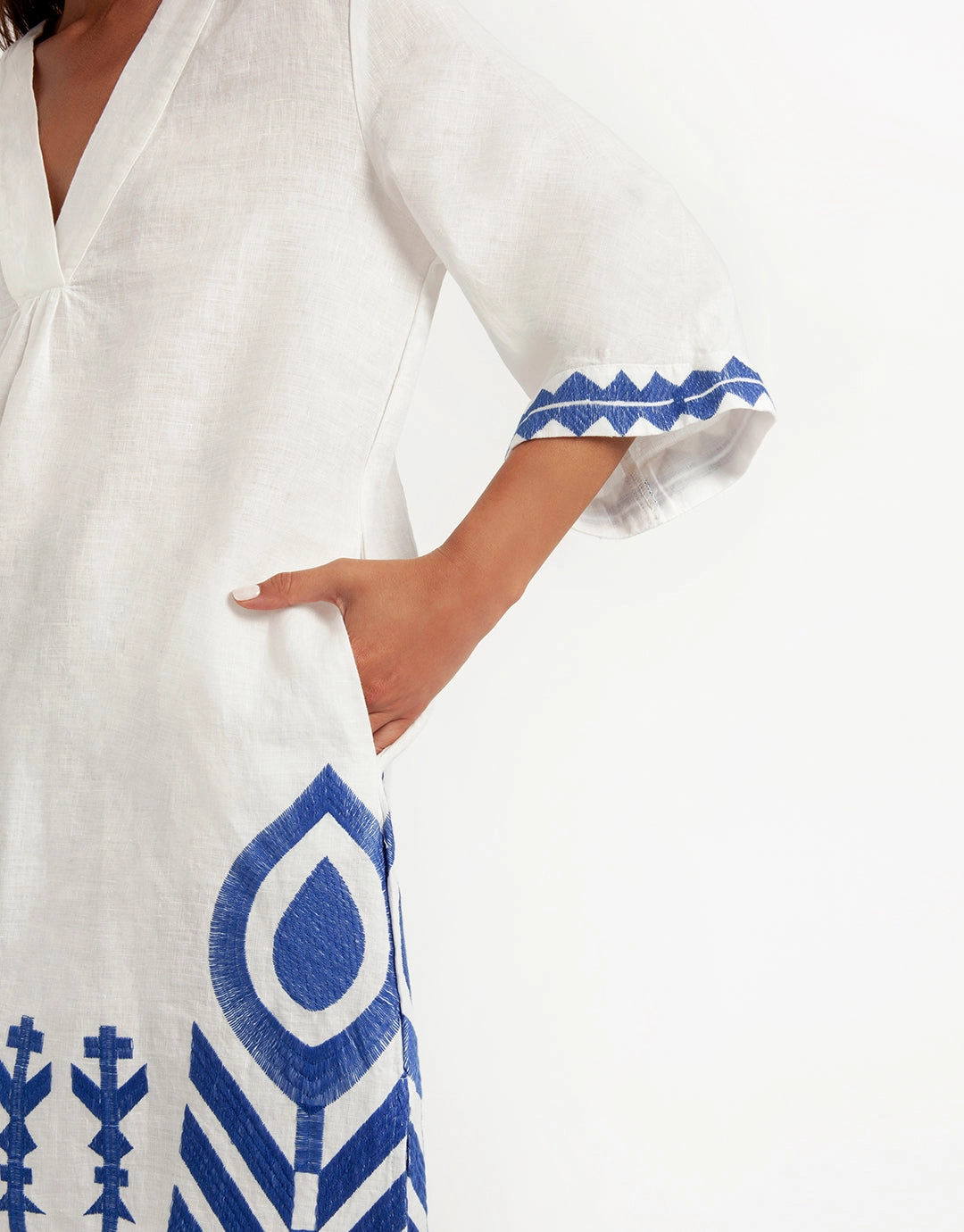 Feather V Neck Midi Kaftan - White and Blue