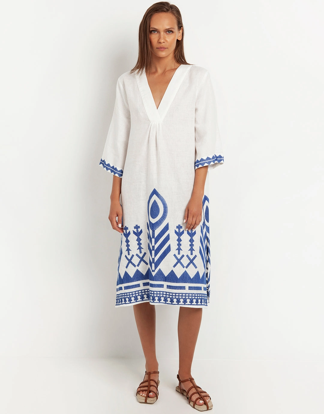 Feather V Neck Midi Kaftan - White and Blue Swim Womens - bikinis clearance