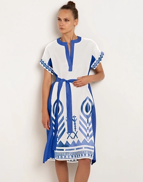 Feathers Kaftan Tunic - White and Blue Swim Womens - bikinis clearance