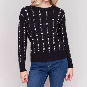 Floral Embroidery Knit Sweater In Black Tops Womens - embroidered tops sale