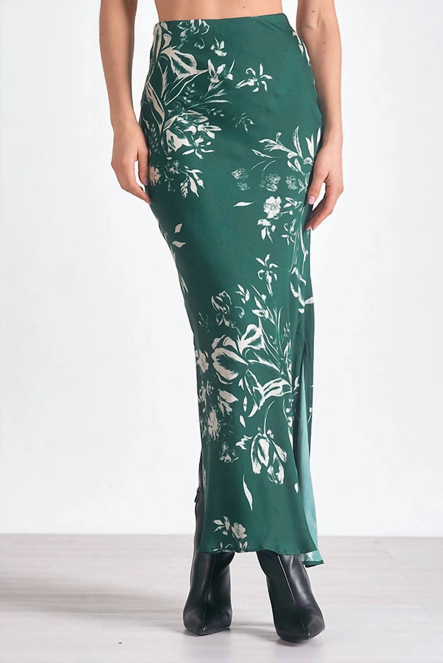 Floral Print Satin Skirt In Jade Toulouse