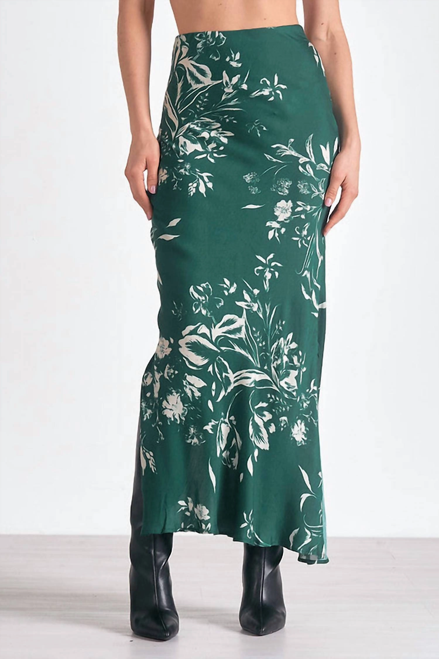 Floral Print Satin Skirt In Jade Toulouse