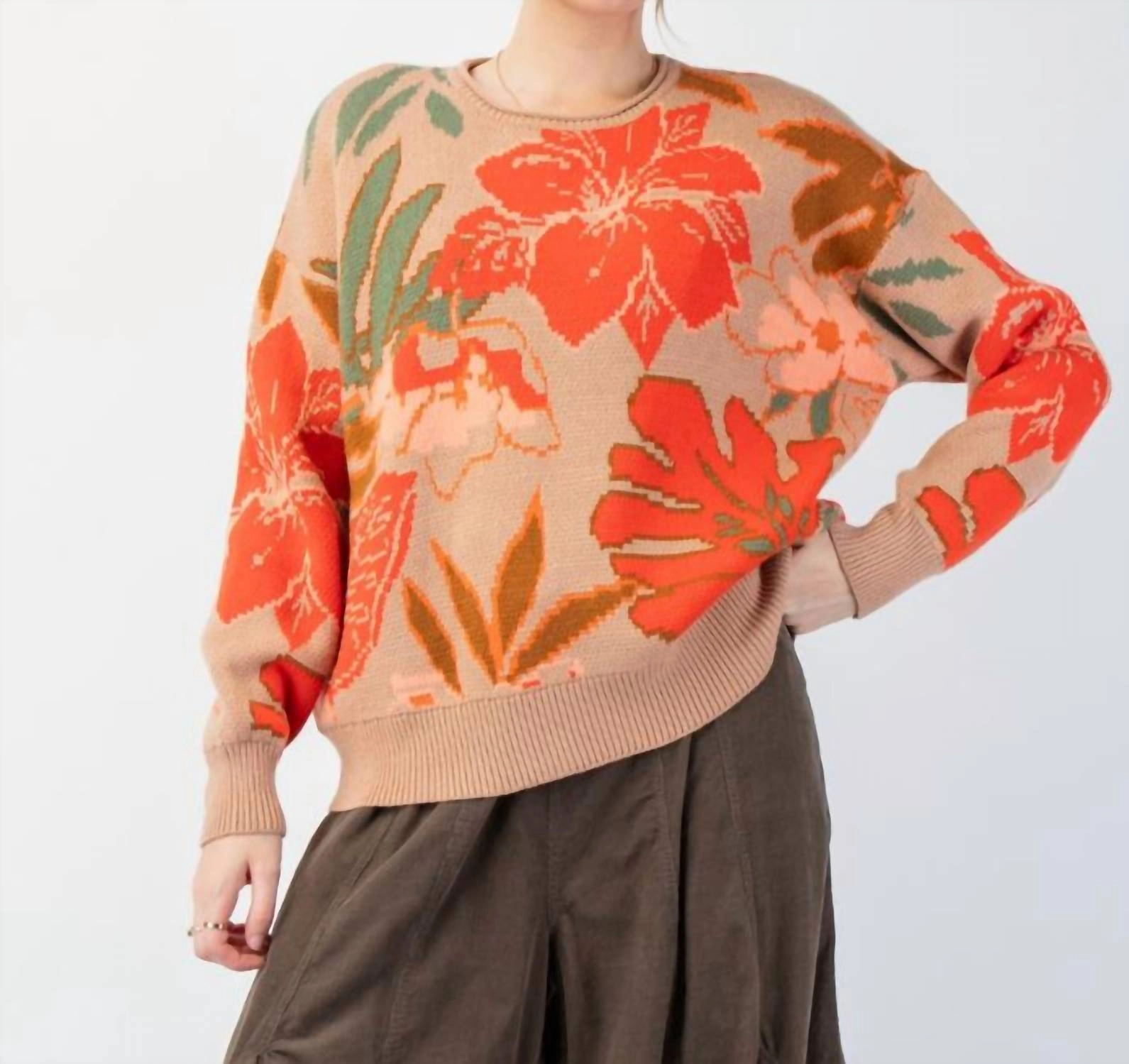Floral Sweater In Khaki Tops Womens - sheer tops clearance