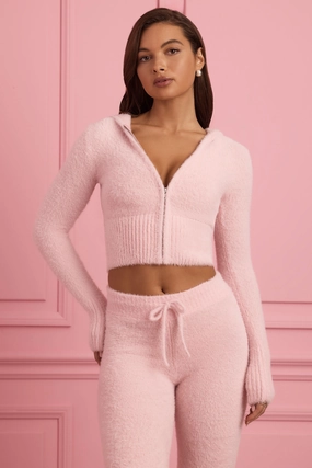 Fluffy Knit Zip-Up Hoodie in Baby Pink Tops - basic tees cheap