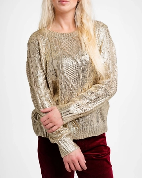 Foiled Cable Sweater In Gold Tops Womens - bodysuits clearance