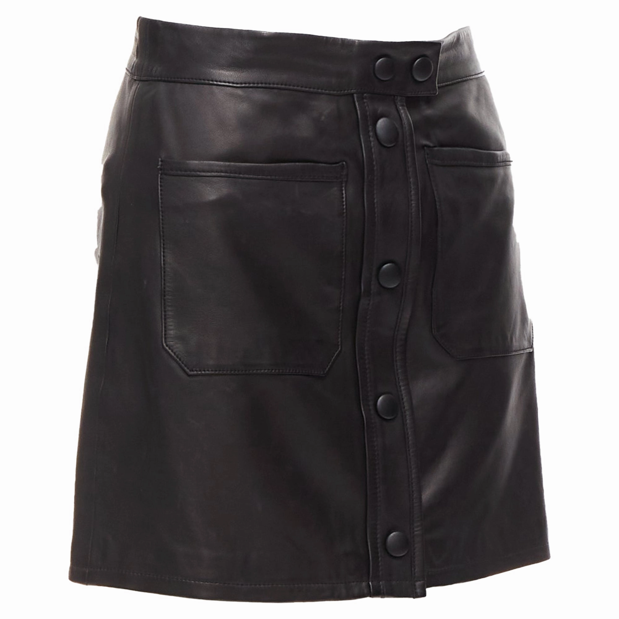 Frame lambskin leather snap button patch pocket mini skirt