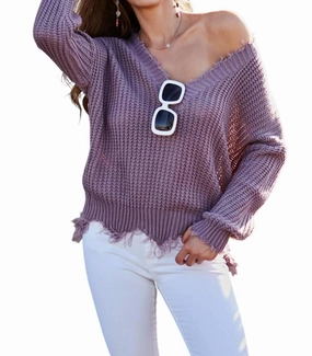 Frayed Sweater In Purple Ash Tops Womens - puff-sleeve tops