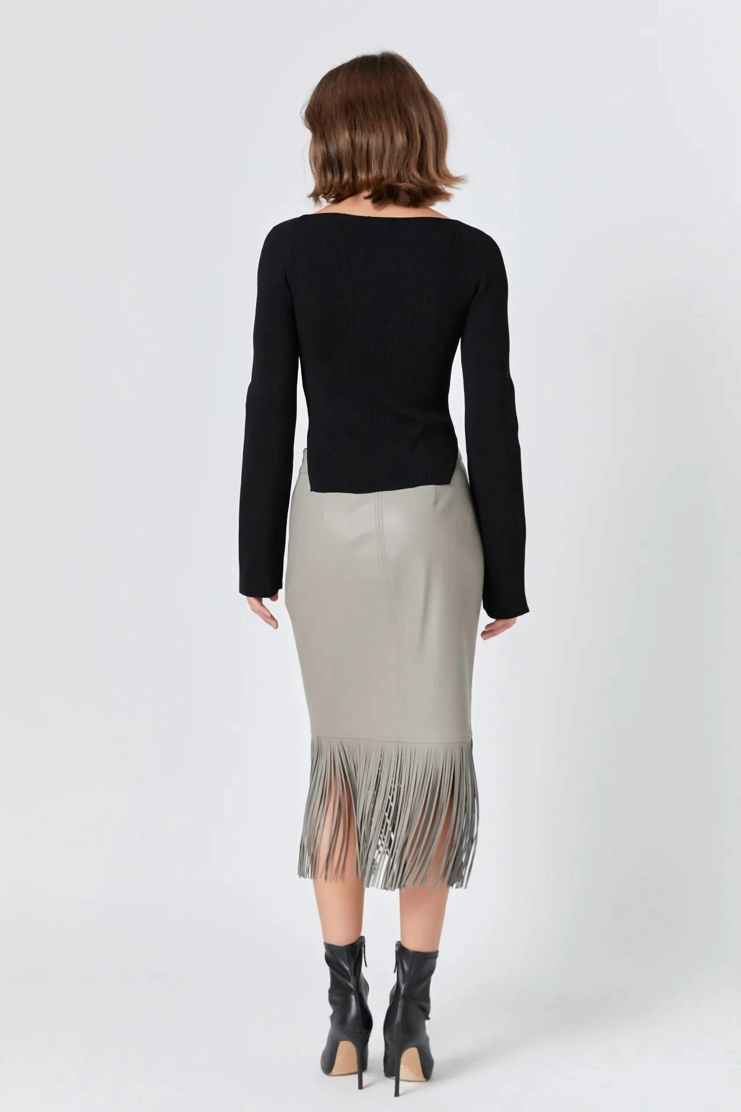 Fringe Faux Leather Midi Skirt In Taupe
