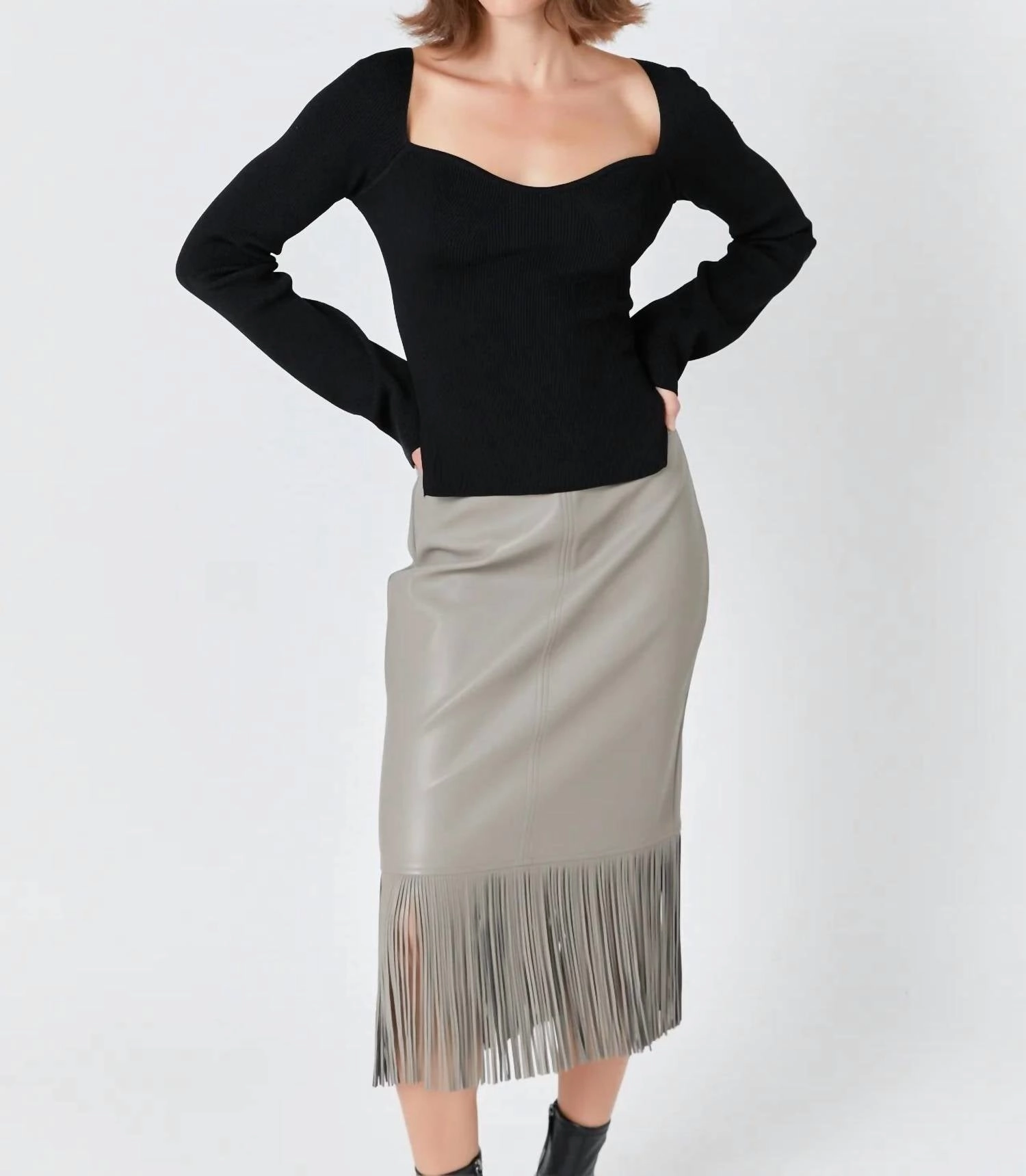 Fringe Faux Leather Midi Skirt In Taupe
