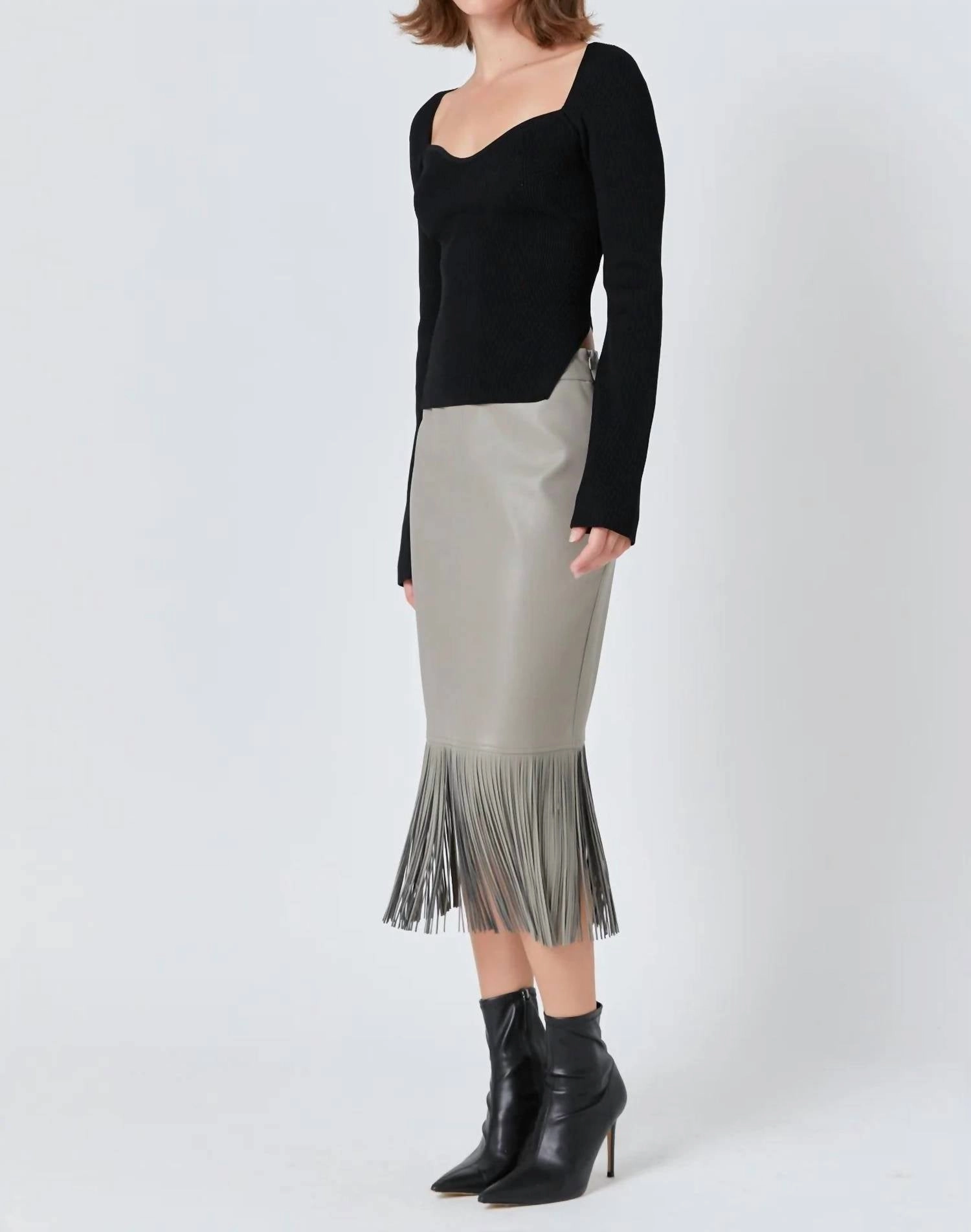 Fringe Faux Leather Midi Skirt In Taupe