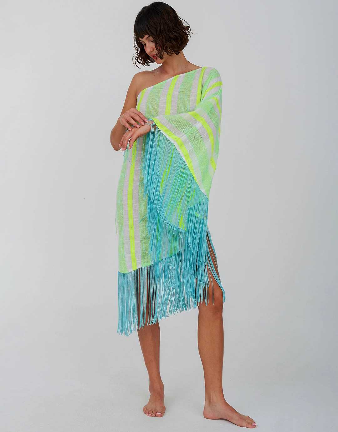 Fringed One Shoulder Kaftan - Neon Yellow Swim Womens - bikinis clearance