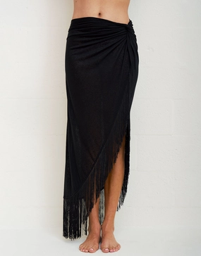 Fringed Sarong Skirt - Black Swim Womens - bikinis clearance
