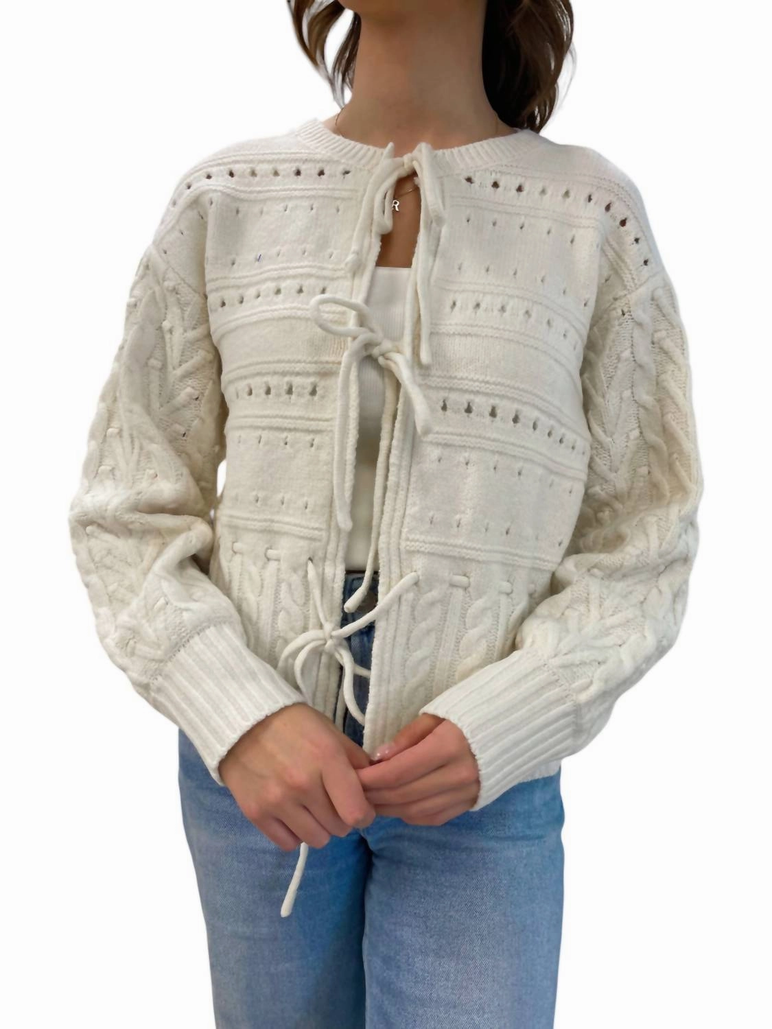 Front Tie Open Knit Cardigan In Cream