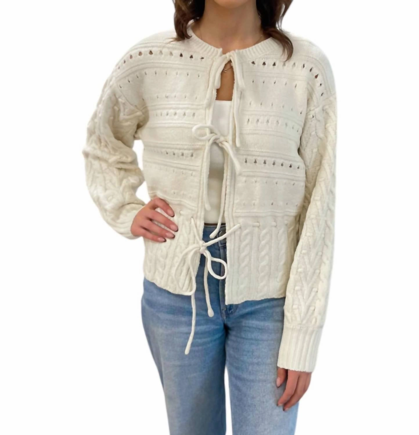 Front Tie Open Knit Cardigan In Cream Tops Womens - sheer tops clearance