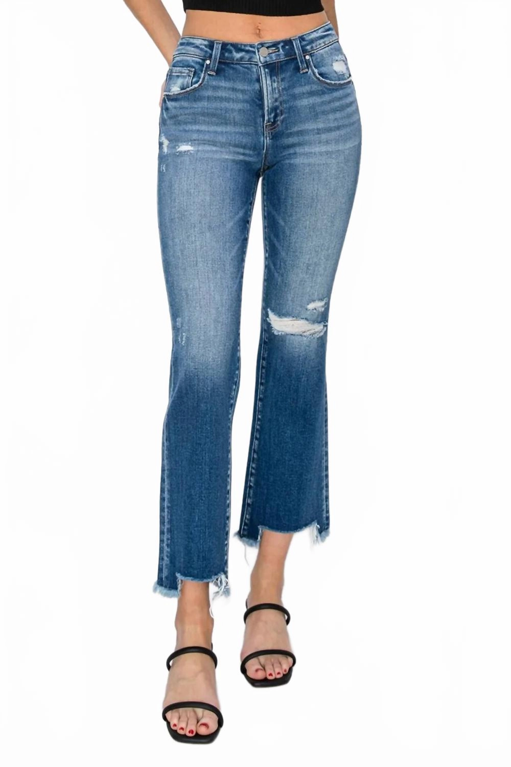 Full Size Frayed Step Hem Ankle Straight Jeans In Dark