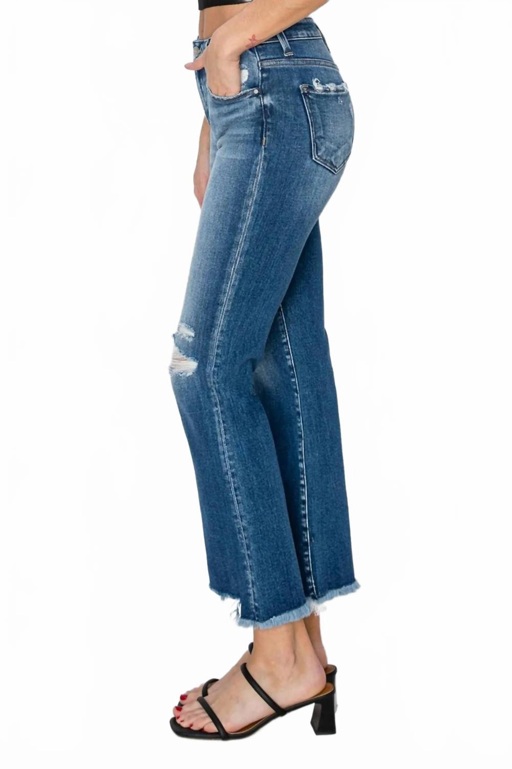 Full Size Frayed Step Hem Ankle Straight Jeans In Dark