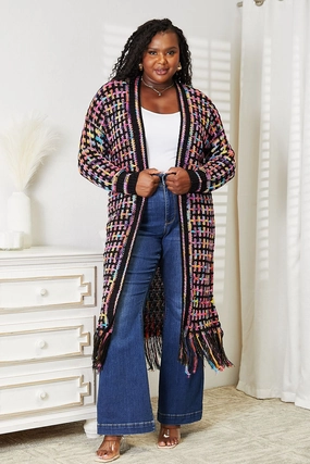 Full Size Multicolored Open Front Fringe Hem Cardigan Tops Womens - silk tops clearance